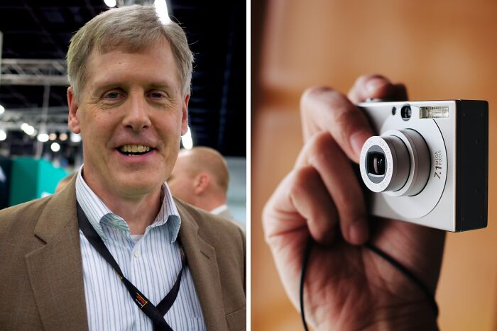 Portrait of a smiling man in a brown jacket next to a close-up of a hand holding a compact digital camera showcasing everyday inventions.