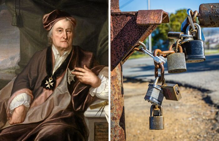 Portrait of an inventor alongside multiple padlocks on a rusty metal gate, showcasing everyday inventions and their inventors.