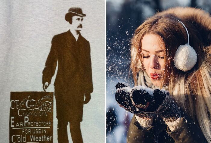 Vintage illustration of a man advertising ear protectors for cold weather paired with a woman blowing snow, showcasing everyday inventions.