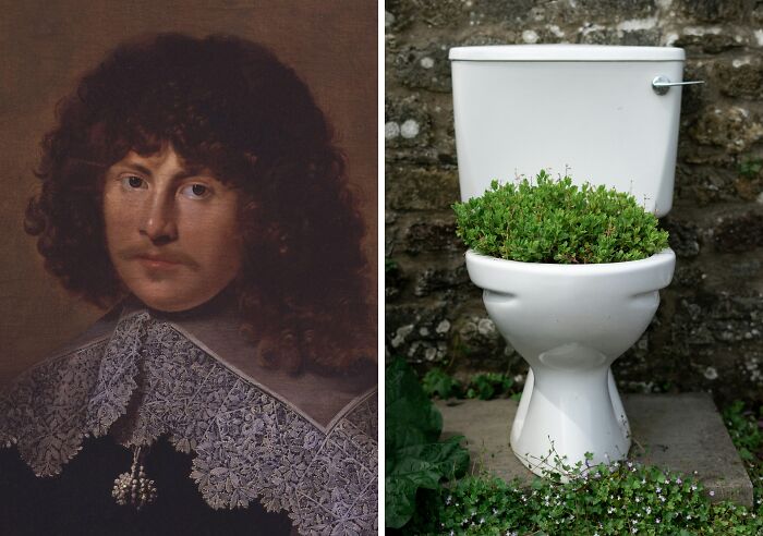 Portrait of a historical inventor paired with an innovative everyday invention featuring a toilet repurposed as a planter.
