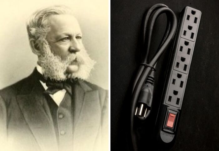 Portrait of the inventor of the power strip next to a black power strip with multiple outlets on a dark background.