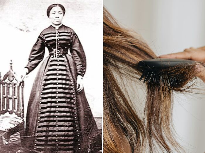 Black and white photo of a woman inventor from the 1800s paired with a close-up of a hairbrush detangling hair, representing everyday inventions.