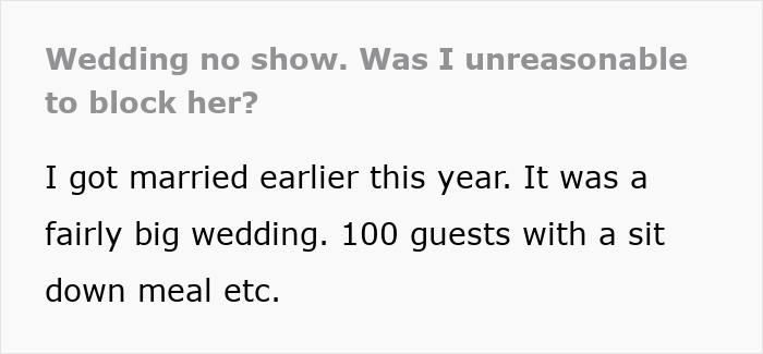Text excerpt about a woman suddenly turning flaky and missing a friend's wedding with a large guest list. Text excerpt about a woman suddenly turning flaky and missing a friend's wedding with a large guest list.