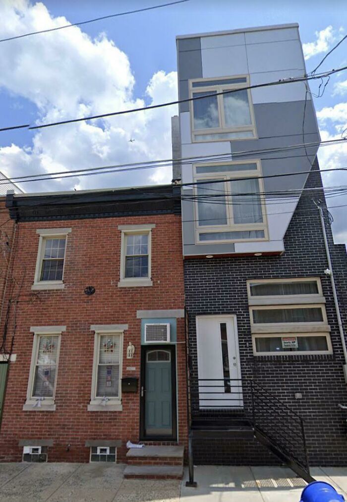 Side-by-side old versus modern architecture showcasing traditional brick and contemporary geometric design on urban row houses.