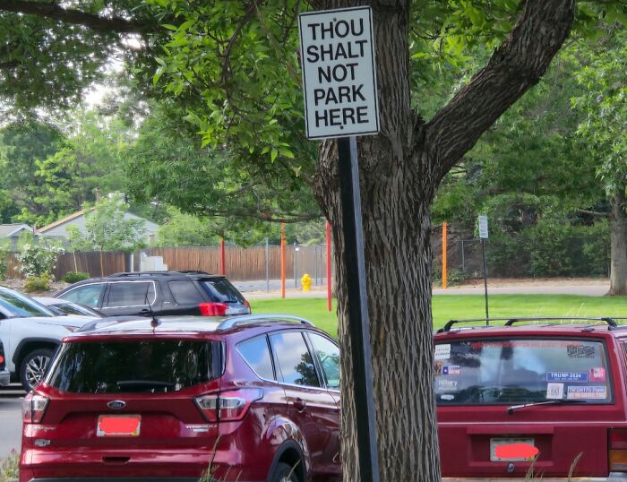 Sign humorously stating "Thou shalt not park here" near parked cars, showcasing random notes and messages encouraging lightheartedness.