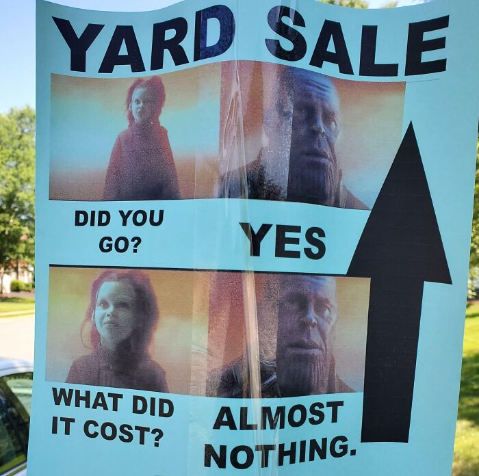 Funny yard sale sign with comic style notes and images, showcasing hilariously random messages about not taking life too seriously