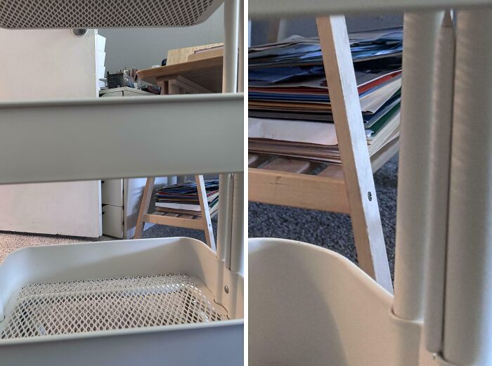 White chair blending perfectly with white furniture and light wooden shelves, matching surroundings for a double take moment.