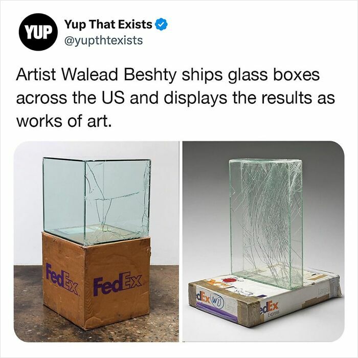 Glass boxes shipped across the US by artist Walead Beshty, displayed as unique and weird real art pieces.
