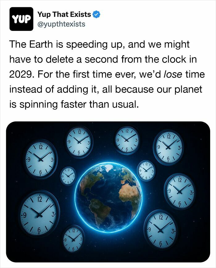 Social media post about Earth speeding up and time loss, with clocks surrounding a glowing Earth in space, weird things concept.