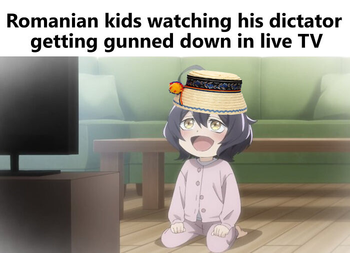 Anime child in pajamas and a hat watching TV, meme related to history class learning with valuable historical moments.
