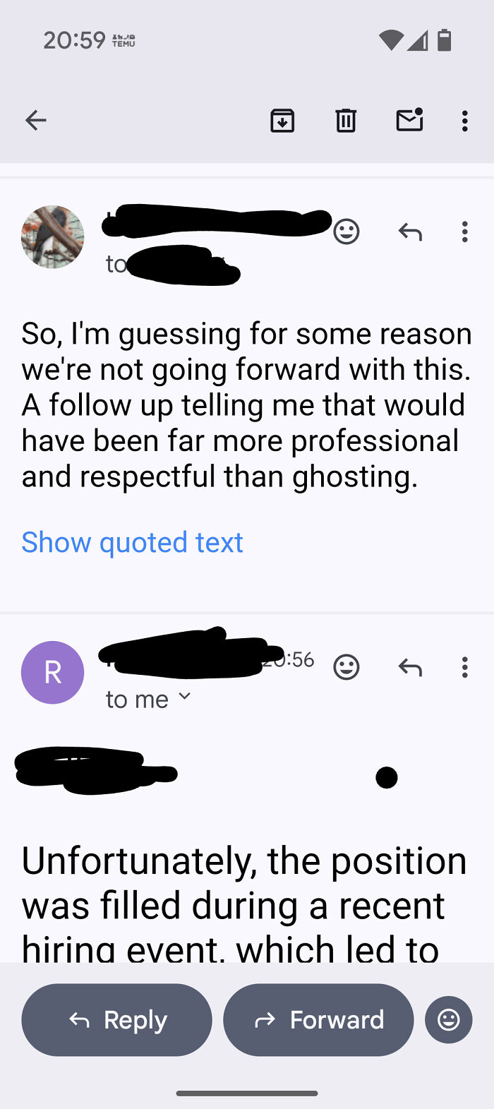 Email screenshot showing a job applicant expressing frustration over lack of professional follow-up in hiring process.