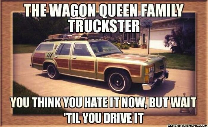 Vintage woody station wagon parked in driveway with nostalgic text about family cars to make you feel old.