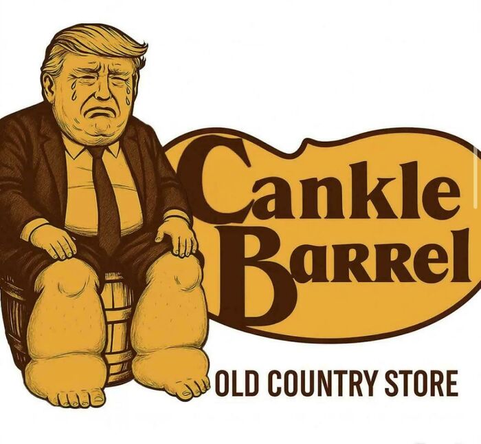 Illustration of a man with swollen legs sitting on a barrel beside a sign parodying a country store logo, chaotic good theme.