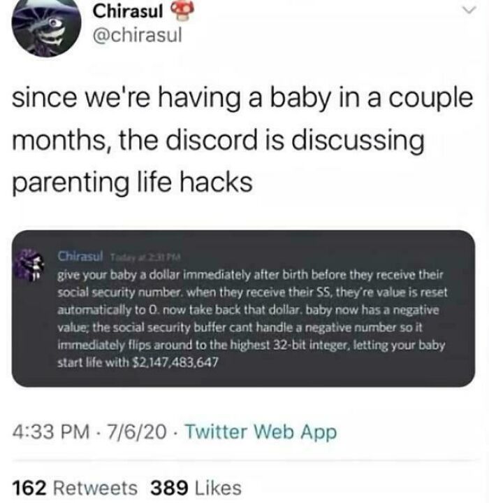 Programming meme about using integer limits to hack social security numbers for parenting life hacks on Discord chat.