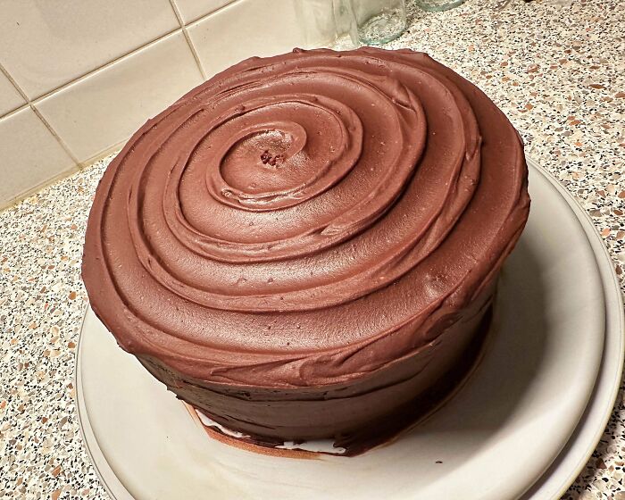 Chocolate frosted cake with smooth swirled icing on a white plate, showcasing gorgeous baked goods craftsmanship.