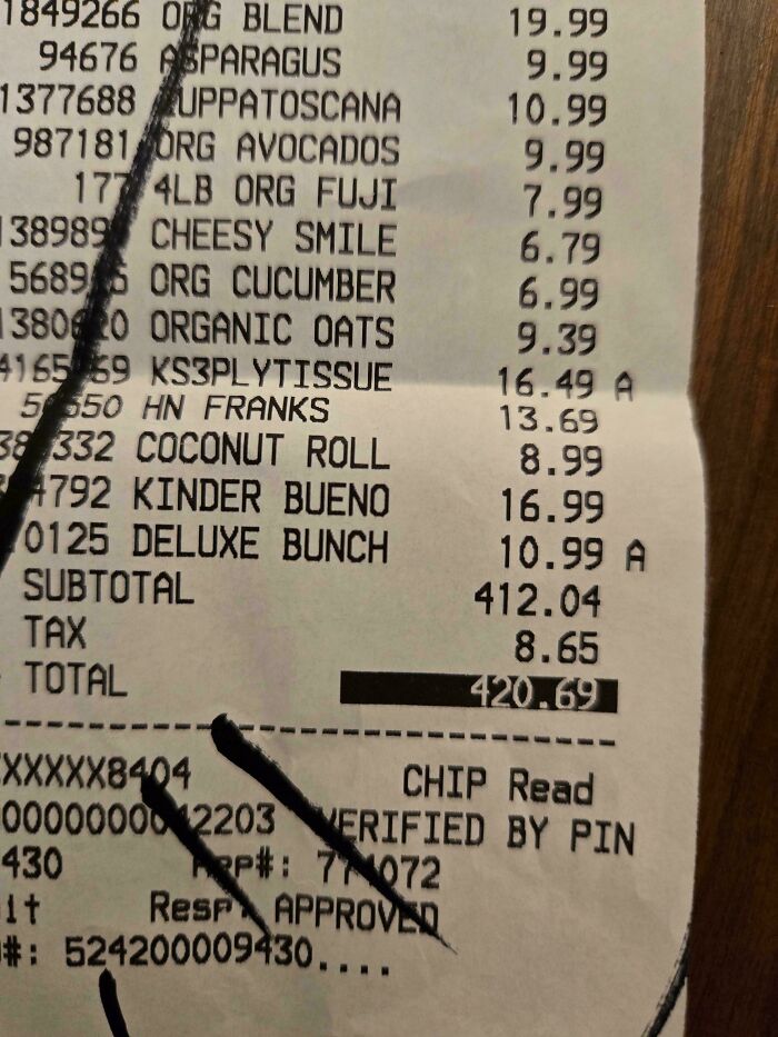 Grocery receipt showing a total of 420.69, a coincidence too wild to be real but captured in a photo