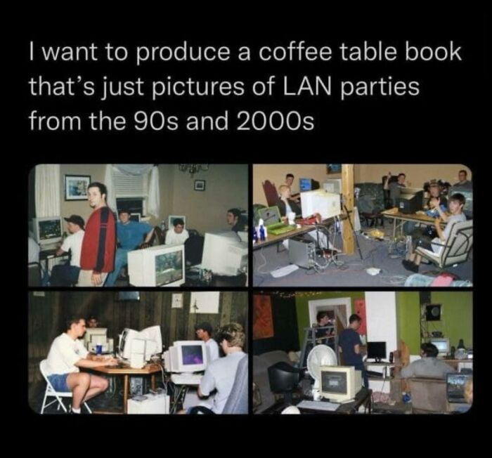 Group of people at LAN parties in the 90s and 2000s with old computers, evoking 90s kids nostalgia.