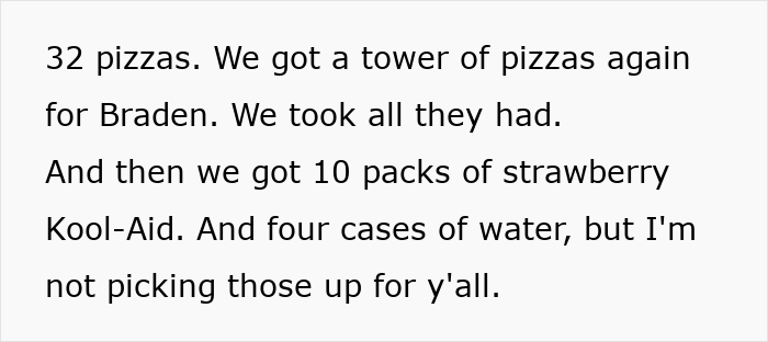 Stack of 32 pizzas, 10 packs of strawberry Kool-Aid, and cases of water in an American family grocery haul. Stack of 32 pizzas, 10 packs of strawberry Kool-Aid, and cases of water in an American family grocery haul.