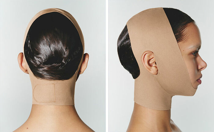 Close-up views of a person wearing a beige beauty face wrap, illustrating a viral skincare product concept. Close-up views of a person wearing a beige beauty face wrap, illustrating a viral skincare product concept.