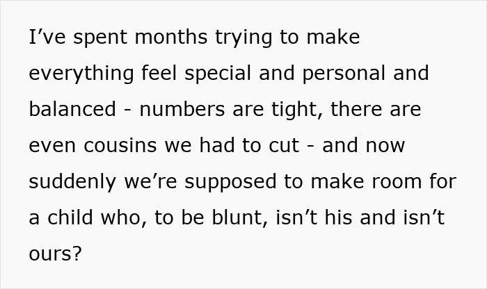 Alt text: Person expressing frustration about making room for a fiance's non-biological child at a wedding. Alt text: Person expressing frustration about making room for a fiance's non-biological child at a wedding.