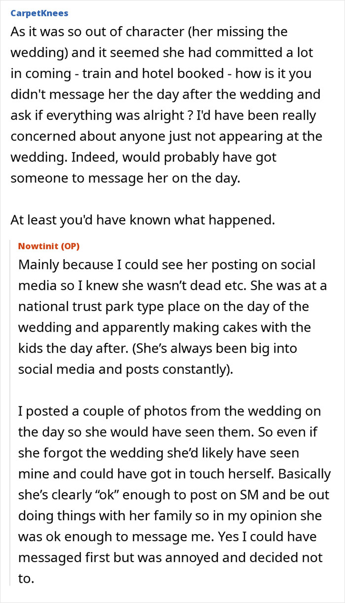 Text conversation discussing a woman turning flaky, missing her friend’s wedding, and social media activity afterward. Text conversation discussing a woman turning flaky, missing her friend’s wedding, and social media activity afterward.