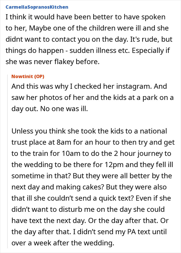 Comments discussing a woman who suddenly turns flaky, misses a friend’s wedding, and sends a voicemail. Comments discussing a woman who suddenly turns flaky, misses a friend’s wedding, and sends a voicemail.