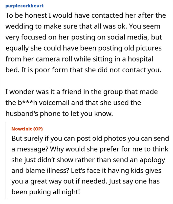 Text excerpt from an online forum discussing a woman who suddenly turns flaky, misses her friend’s wedding, and sends a malicious voicemail. Text excerpt from an online forum discussing a woman who suddenly turns flaky, misses her friend’s wedding, and sends a malicious voicemail.
