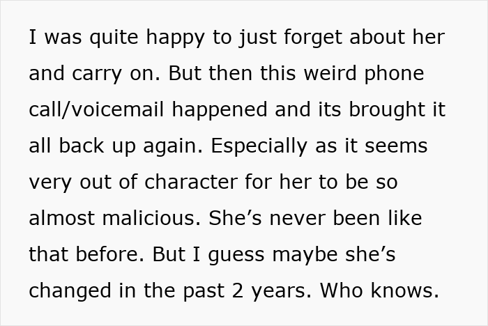 Alt text: Text describing a voicemail revealing a woman suddenly turning flaky and sending a malicious message after missing a friend’s wedding. Alt text: Text describing a voicemail revealing a woman suddenly turning flaky and sending a malicious message after missing a friend’s wedding.