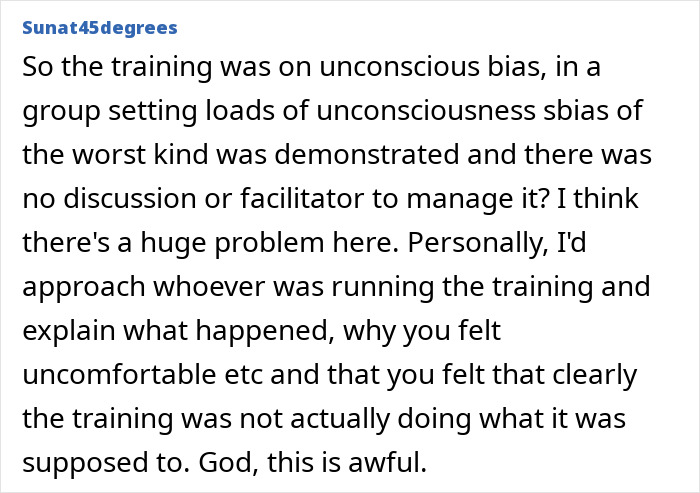 Comment discussing a teacher revealing racist thoughts during unconscious bias training and concerns about reporting it.