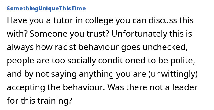Comment on unconscious bias training highlights concerns about racist thoughts and the dilemma of reporting by new hires.