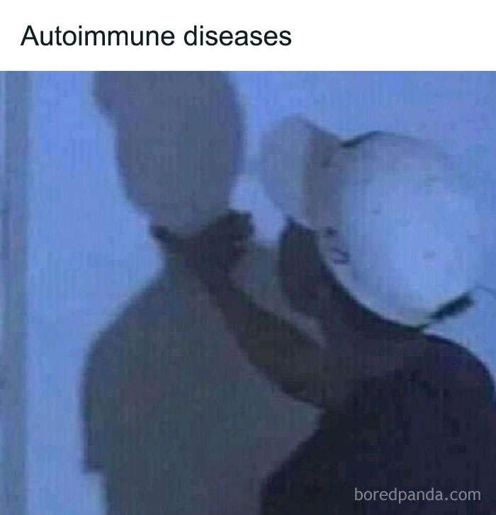 Person wearing a white hat miming choking a shadow on the wall, medical memes highlighting autoimmune diseases humorously.