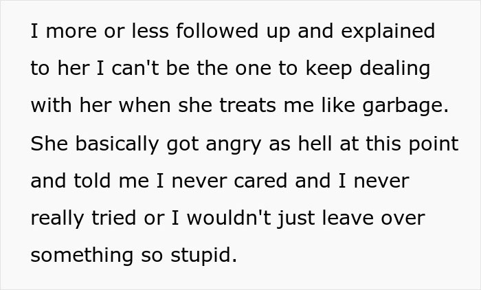 Text excerpt showing a woman becoming angry after her boyfriend dumps her for throwing away dinner he made.