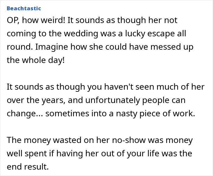 Alt text: Text excerpt discussing a woman who turns flaky and misses her friend's wedding, sending a malicious voicemail. Alt text: Text excerpt discussing a woman who turns flaky and misses her friend's wedding, sending a malicious voicemail.