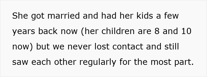 Text excerpt describing a woman maintaining regular contact with her friend despite life changes including marriage and children. Text excerpt describing a woman maintaining regular contact with her friend despite life changes including marriage and children.