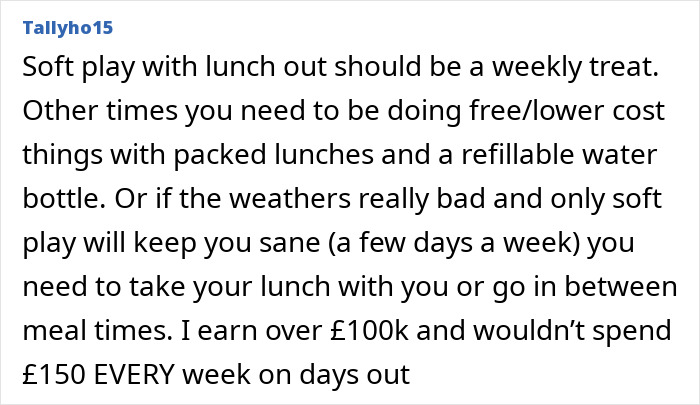 Text post about managing soft play outings and budgeting during a 12-month hiatus from work expecting more than £150 weekly. Text post about managing soft play outings and budgeting during a 12-month hiatus from work expecting more than £150 weekly.