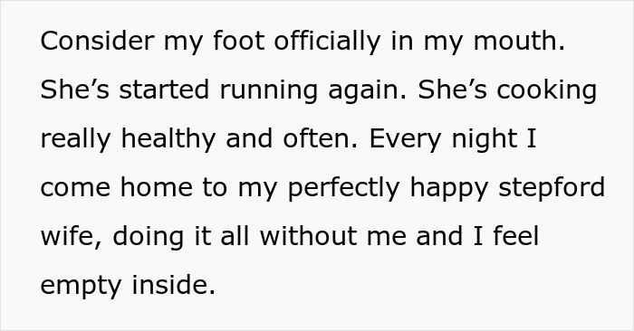 Text excerpt showing a man reflecting on his wife proving him wrong by thriving without him and feeling empty inside.