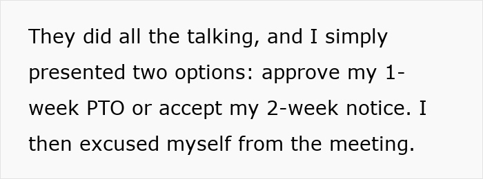 Text showing a person presenting options before PTO, highlighting a two-week notice in a workplace setting. Text showing a person presenting options before PTO, highlighting a two-week notice in a workplace setting.