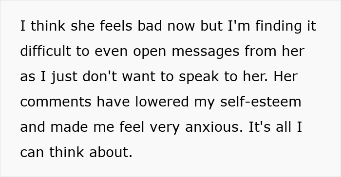 Text showing feelings after seeing a good friend who told her to lose weight, lowering her self-esteem and causing anxiety. Text showing feelings after seeing a good friend who told her to lose weight, lowering her self-esteem and causing anxiety.