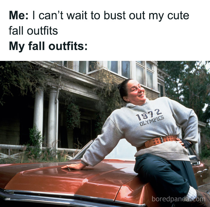 Woman leaning on a car wearing an oversized sweatshirt and belt, evoking 90s kids nostalgia fashion style humor.