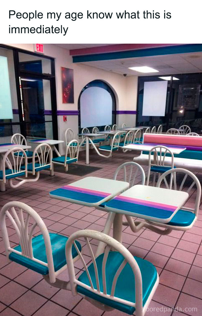 90s kids nostalgia with retro fast food restaurant seating featuring teal, purple, and pink color scheme and tiled floors