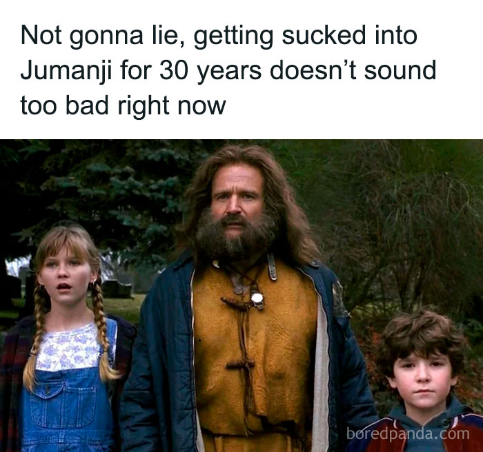 Scene from Jumanji movie featuring three characters in 90s kids nostalgia, capturing childhood adventure vibes.