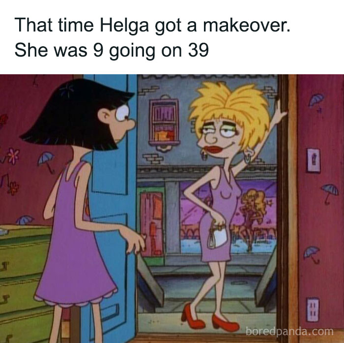 Cartoon scene showing Helga from 90s kids nostalgia with a dramatic makeover and wearing a purple dress and red heels.
