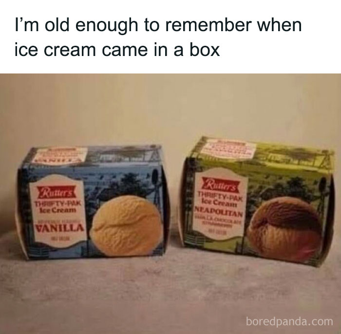 Two vintage boxes of vanilla and Neapolitan ice cream highlighting 90s kids nostalgia for childhood treats.