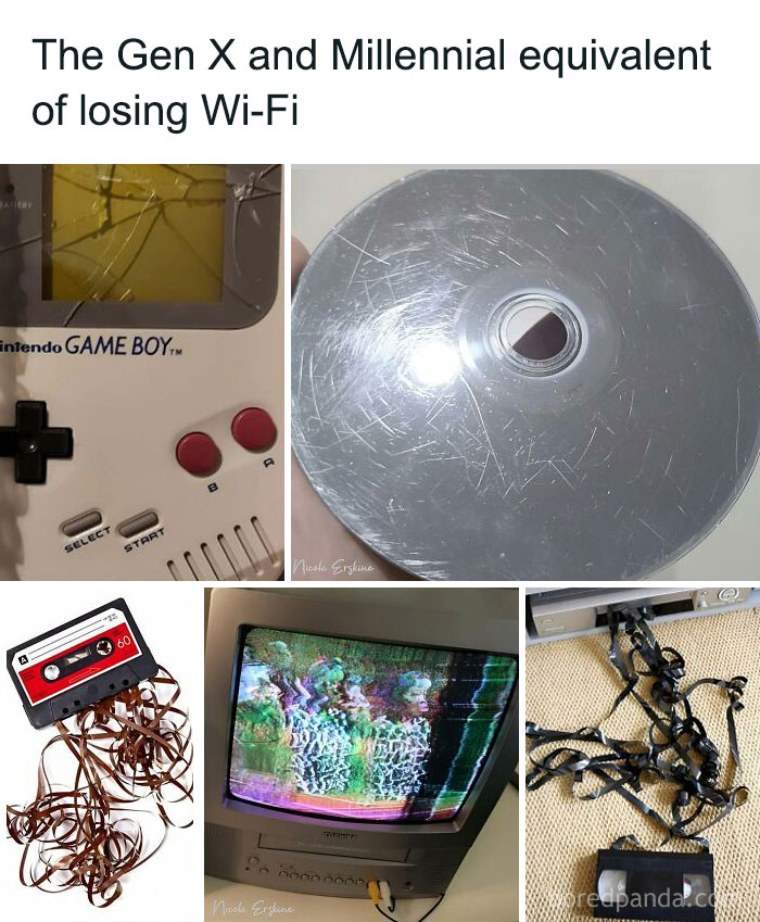 Scratched Game Boy screen, damaged CD, tangled cassette tape, TV with static, and unraveled VHS tape showing 90s kids nostalgia.