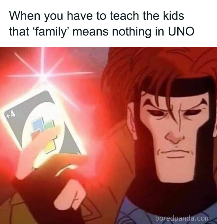 90s kids nostalgia meme showing a cartoon character holding a glowing UNO +4 card, referencing family rule confusion.