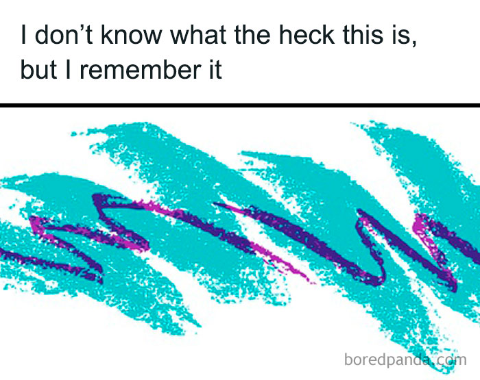 Abstract teal and purple brushstroke design with caption expressing 90s kids nostalgia for a familiar but unknown pattern.
