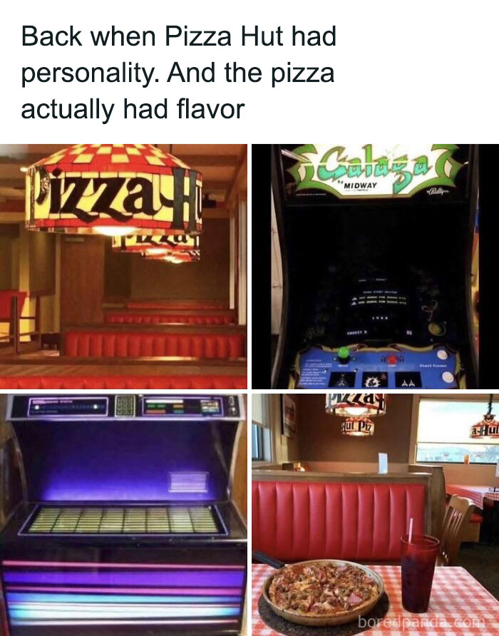 90s kids nostalgia with vintage Pizza Hut interior, classic arcade game, jukebox, and a 90s style pizza meal on a checkered table.