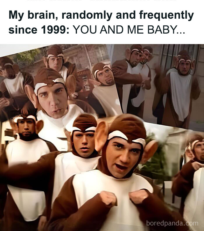 Group of young men dressed in monkey costumes, evoking 90s kids nostalgia with a playful and retro vibe.
