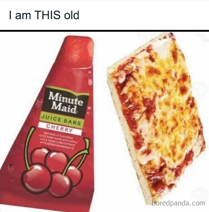 90s kids nostalgia with a cherry Minute Maid juice bar and a slice of cheesy pizza representing childhood memories.