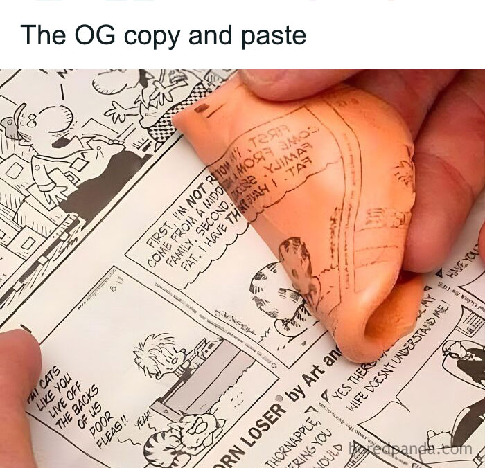 90s kids nostalgia with a classic rubbery toy ear used to copy comic strip text in a clever, old-school way.